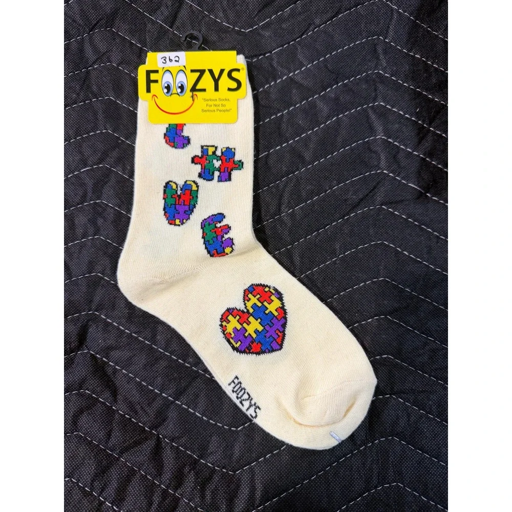 Foozys Crew Socks Women Cream NWT Puzzle Piece Heart Autism Awareness Novelty